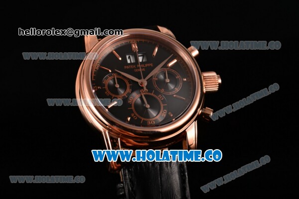 Patek Philippe Grand Complication Chrono Miyota OS20 Quartz Rose Gold Case with Black Dial and Rose Gold Stick Markers - Click Image to Close